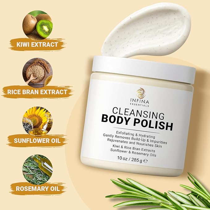 Exfoliating Body Scrub Polish 10 oz - Moisturizing & Hydrating Body Exfoliator with Kiwi & Rice Bran Extract – Gentle Cleansing Polish Scrub for Smooth & Nourished Skin by INFINA ESSENTIALS