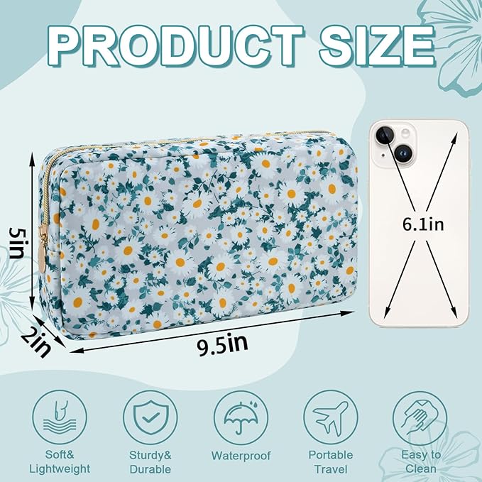 Waterproof Small Floral Makeup Bag Pouch for Purse,Nylon Flower Cosmetic Bag Preppy Travel Toiletry Storage Bag for Women Girl,Cute Makeup Organizer Bag Skincare Bag with Zipper(Small Green-Daisy)