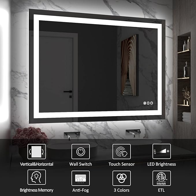 Amorho LED Bathroom Mirror 40'' X30'' with Front Light and Backlit, Stepless Dimmable Wall Mirrors with Anti-Fog, Shatter-Proof, Memory, 3 Colors, Double LED Vanity Mirror (Horizontal/Vertical)
