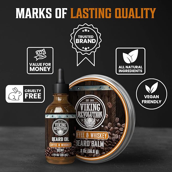 Viking Revolution Coffee and Whiskey Beard Balm for Men (2oz) and Beard Oil (1 fl oz) Kit - With Argan and Jojoba Oils - Soften and Moisturize - Stocking Stuffers for Men