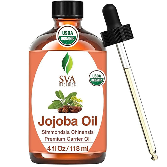 SVA Jojoba Seed Oil Organic - 4 Fl Oz – 100% Natural Cold Pressed Organic Jojoba Oil - for Face, Skin Care, Hair Care, Scalp Massage & Body Massage – Carrier Oil with Dropper