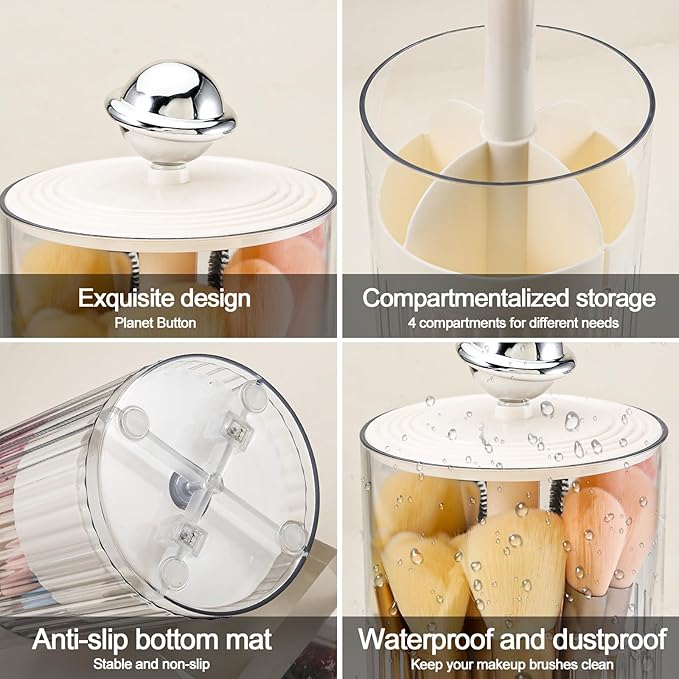 DASITON Makeup Brush Holder with Lid, Automatic Lifting Makeup Organizer for Vanity, 4 Slots Clear Makeup Brush Organizer, Dustproof Cosmetic Brushes Storage for Bathroom, Desktop, Office (Cream)