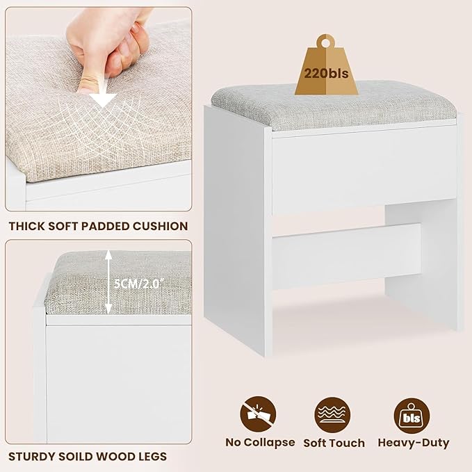 Quimoo Makeup Vanity with 10 Light Bulbs and Charging Station, Vanity Desk with Lighted Mirror & 4 Drawers, Vanity Table Set with Cushioned Stool, White