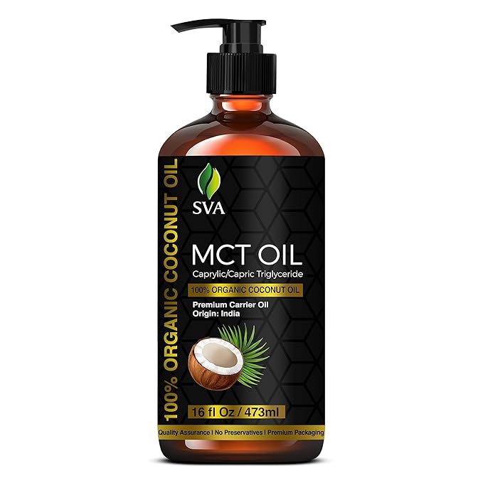 SVA MCT Oil Organic - 16 Fl Oz – 100% Natural Cold Pressed Organic MCT Oil - for Face, Skin Care, Hair Care, Scalp Massage & Body Massage – Carrier Oil