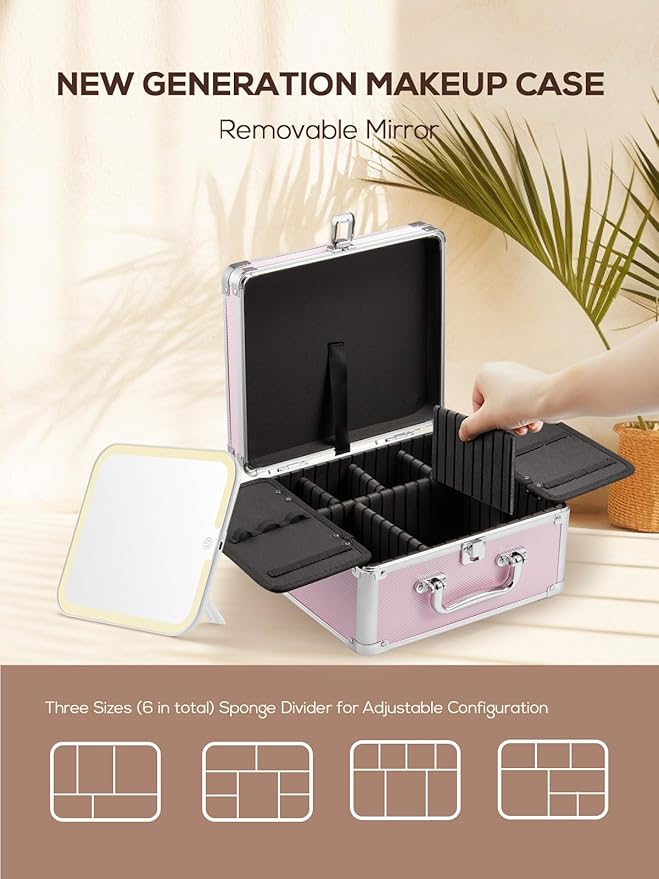 OMIRO Makeup Case, Makeup Bag with Light Up Mirror Set, Makeup Organizer Bag with Magnet Makeup Mirror for Women and Girls
