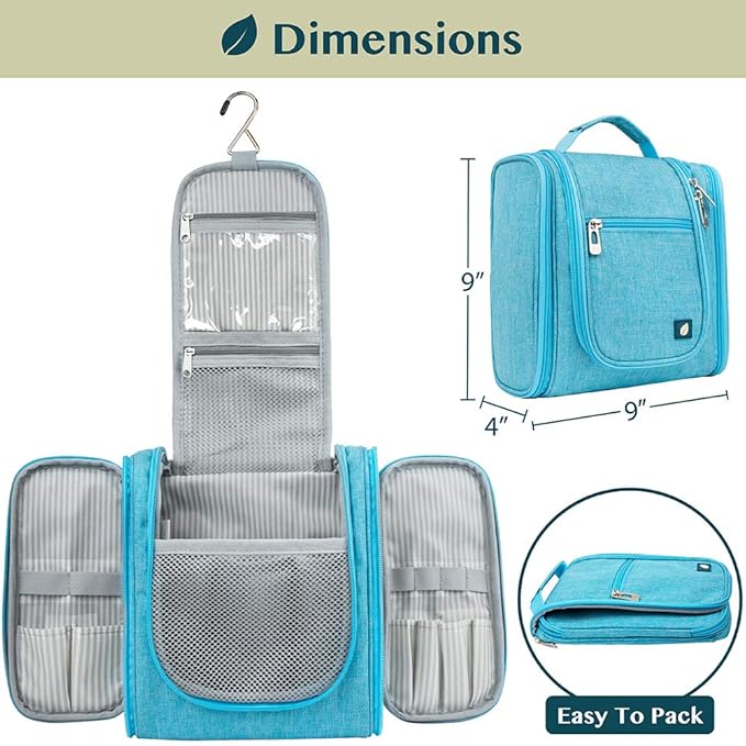PAVILIA Toiletry Bag Travel Bag for Women Men, Hanging Cosmetic Organizer, Water Resistant Makeup Bag for Accessories Toiletries, Large Travel Essentials Kit (Turquoise)