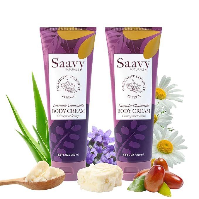 Saavy Naturals Lavender Chamomile Body Cream for Men & Women, Absorbent Shea Butter Vegan Formula, Thick and Creamy, Naturally Scented Body Lotion for Dry Skin, 8.5 Oz, 2 Pack. Made in the USA