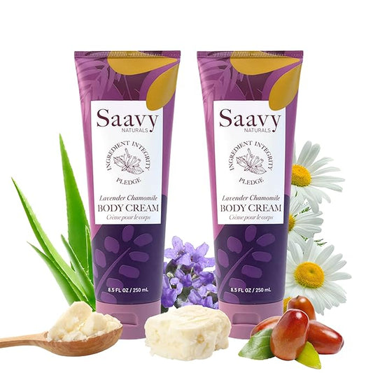 Saavy Naturals Lavender Chamomile Body Cream for Men & Women, Absorbent Shea Butter Vegan Formula, Thick and Creamy, Naturally Scented Body Lotion for Dry Skin, 8.5 Oz, 2 Pack. Made in the USA