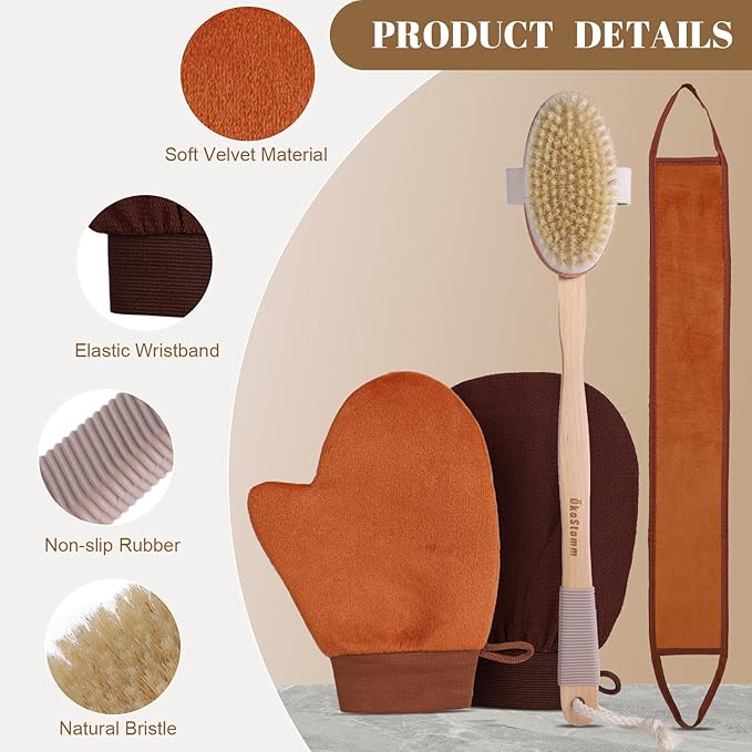 4-in-1 Self Tanner Applicator Kit - Self Tanning Mitt with Long Handle Body Brush for Back Exfoliating and Streak-free Self Tan