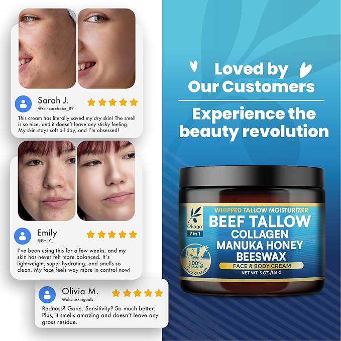Organic Beef Tallow for Skin, Organic Grass-Fed Beef Tallow Balm with Manuka Honey, Aloe Vera, Jojoba Oil, Collagen & Beeswax, Olive Oil, Moisturizer for Dry Skin, Nourishes Face, Body & Lips (3 Pack)