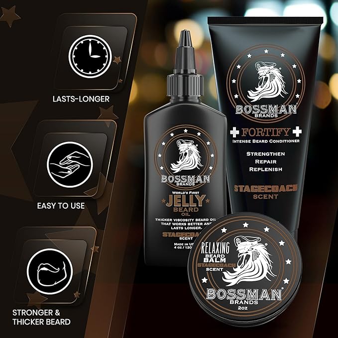 Bossman Essentials Beard Kit for Men, Set of 3 - Beard Oil Jelly, Fortifying Conditioner Cream, Beard Balm - Grooming Growth Care Accessories (Stagecoach)
