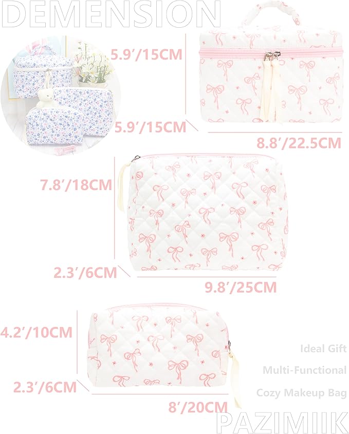 3PCS Makeup Bag SET Large Travel Quilted Zipper Soft Cosmetic Case Pouch for Women Girls Make Up,Bow Pink