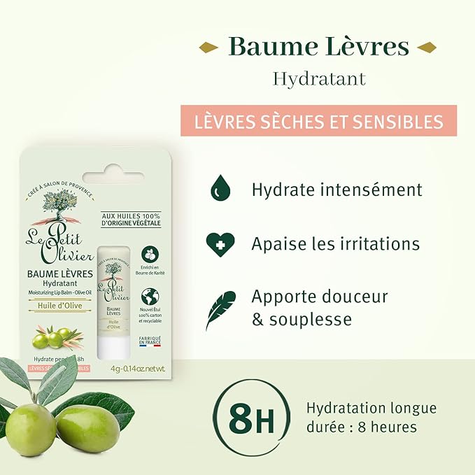 Moisturising Lip Balm Stick - Enriched with Olive Oil - Softens and Smooths Dry Lips - Made with Natural Vegetable Oils - 0.14 oz