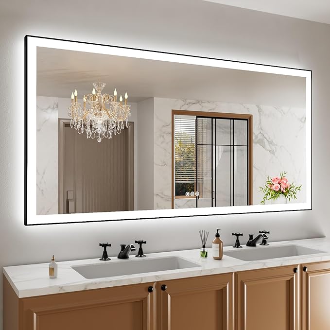 Amorho 72"x 36" LED Bathroom Mirror with Black Frame, Front Light and Backlit(Controlled Separately), Stepless Dimmable, Anti-Fog, Shatter-Proof, 3 Colors, Memory