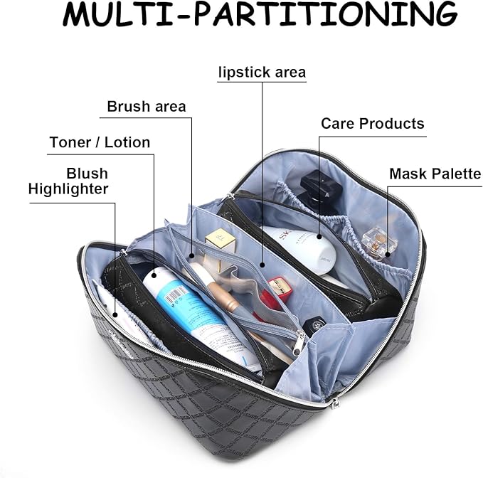 BOYATU Travel Makeup Bags Cosmetic Organizer Bag: 3-Set Large Capacity Make up Bag - PU Leather Toiletry Bags for Women - Wide Open Portable Pouch with Divider & Handle (07-Black 6)