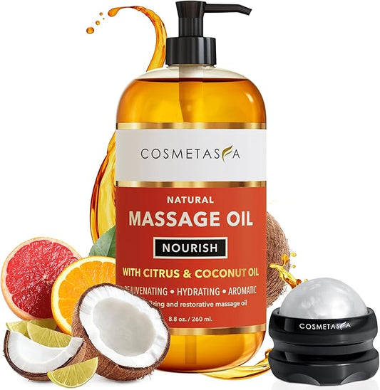 Natural Nourishing Massage Oil with Massage Roller Ball - Therapeutic Citrus & Coconut Massage Oils with Rejuvenating, Hydrating & Aromatic Essential Oils for Dry Skin, Soothes Muscle & Joints 8.8 oz