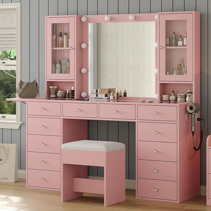 Vanity with Mirror and 10 LED Lights,Vanity Desk with Power Outlet, Makeup Vanity with 12 Drawers and 2 Cabinets, Fold-up Panel, Glass Top Vanity Table with Chair for Bedroom, Pink