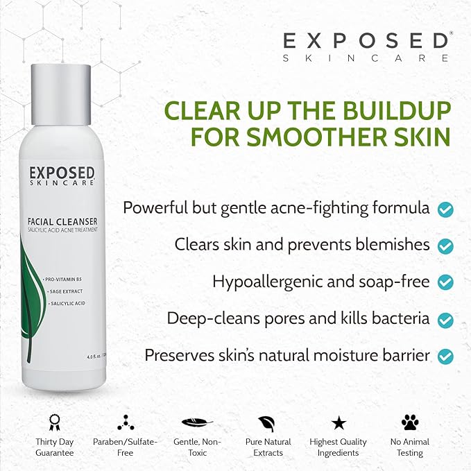 Exposed Skin Care Acne Facial Cleanser - Gentle Face Wash with Salicylic Acid for Acne Prone Skin - Pore Clarifying Acne Treatment for All Ages, Skin Types