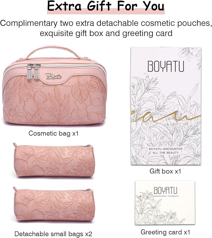 BOYATU Travel Makeup Bags Cosmetic Organizer Bag: 3-Set Large Capacity Make up Bag - PU Leather Toiletry Bags for Women - Wide Open Portable Pouch with Divider & Handle (01-Z-Pink)