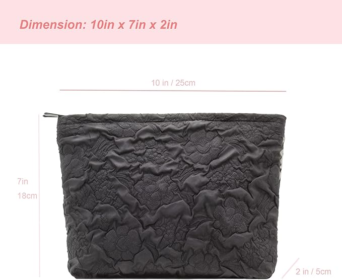 Makeup Bags for Purse Zipper Cosmetic Pouch Large Travel Canvas Make Up Organizer Tool Pouch for Women and Girls,Flower Black