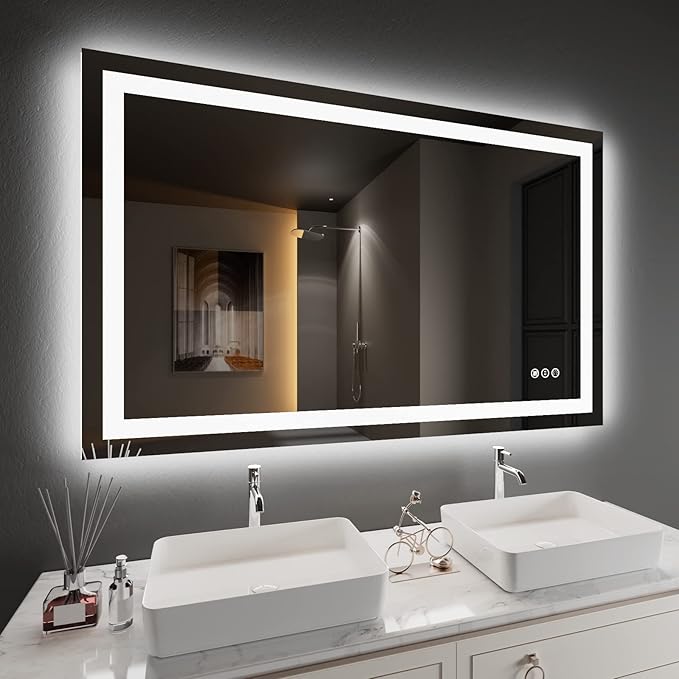 Amorho LED Bathroom Mirror 48'' X30'' with Front and Backlit, Stepless Dimmable Wall Mirrors with Anti-Fog, Shatter-Proof, Memory, 3 Colors, Double LED Vanity Mirror (Horizontal/Vertical)