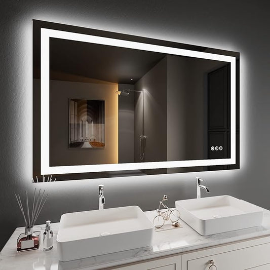 Amorho LED Bathroom Mirror 48'' X30'' with Front and Backlit, Stepless Dimmable Wall Mirrors with Anti-Fog, Shatter-Proof, Memory, 3 Colors, Double LED Vanity Mirror (Horizontal/Vertical)