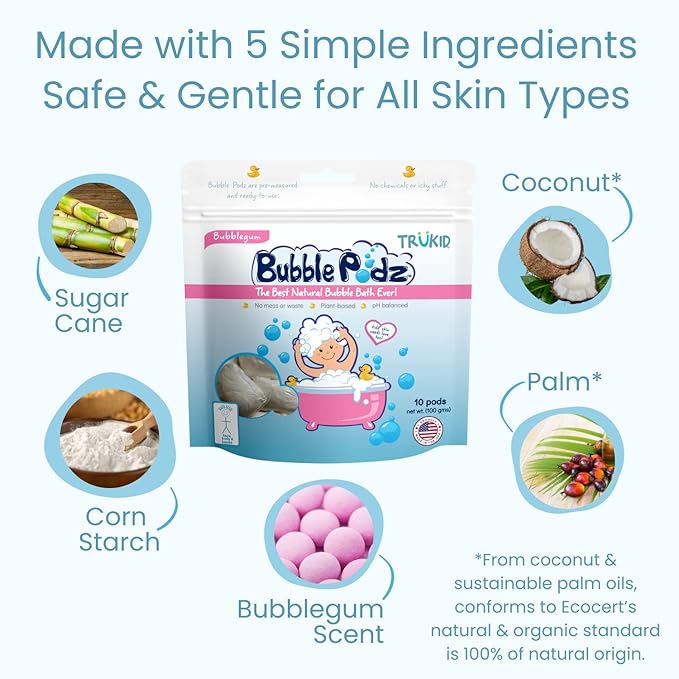 TruKid Bubble Podz Bubble Bath for Kids, Toddlers, & Babies, Tear Free Gentle & Refreshing Bath Bomb for Sensitive Skin with Natural Moisturizers, Non-Toxic, pH Balanced, Bubble Gum Scent (10 Podz)