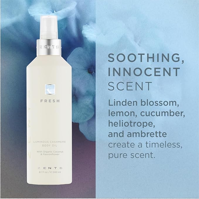 Zents Luminous Cashmere Body Oil (Fresh Fragrance) | Moisturizing Body Oil with Vitamin E & Organic Coconut Oil | Softens & Smooths Skin | 8 fl oz