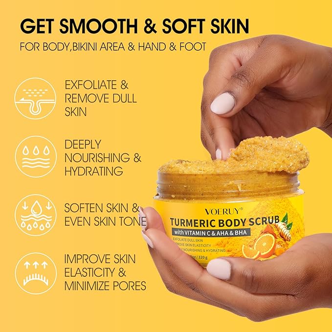 Body Scrub,Turmeric Exfoliating Body Scrub with AHA & BHA, Gentle Body Exfoliator with Vitamin C for Body Hand Foot Bikini Area, Smooth & Moisturized Skin for Women and Men - 11.3oz