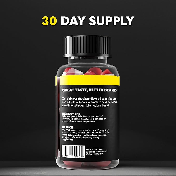 The Beard Club Biotin Beard Growth Vitamin Gummies - Hair Supplement for Men - Vitamins B12, E, & C to Support a Thicker Fuller Looking Facial Hair - Strawberry Gummy