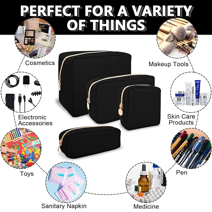 Waterproof Small Makeup Pouch for Purse,Nylon Travel Toiletry Storage Pouch Cute Preppy Cosmetic Bag for Women Girl,Waterproof Makeup Organizer Skincare Bag Purse with Zipper(Small-Black)