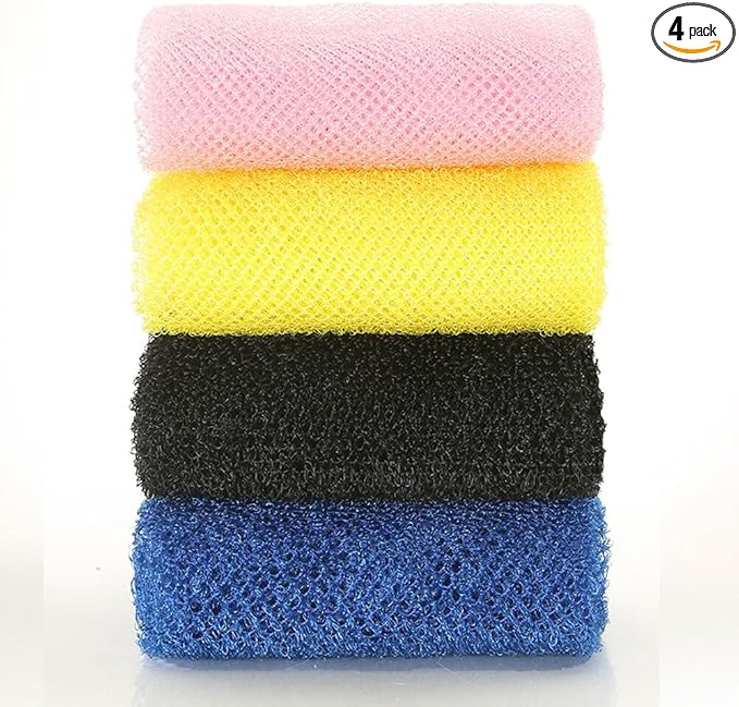 4 Pack Bath Sponge Net, Body Scrubber,African Exfoliating Net for Shower,11.8 inch X31.5 Inch Long Shower Net (Pink&Blue&Yellow&Black)…