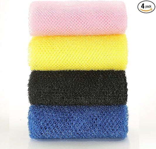 4 Pack Bath Sponge Net, Body Scrubber,African Exfoliating Net for Shower,11.8 inch X31.5 Inch Long Shower Net (Pink&Blue&Yellow&Black)…