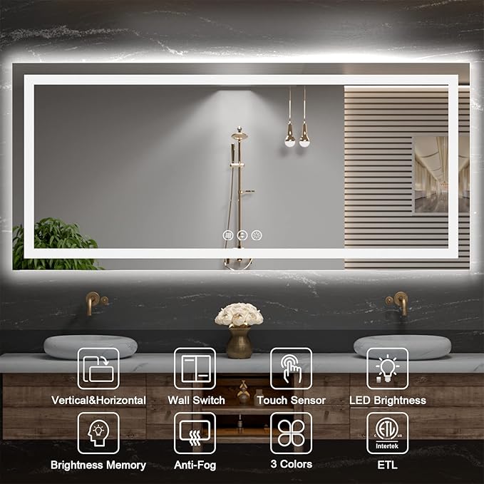Amorho 84" X40" LED Mirror for Bathroom with Front and Backlight, Large Dimmable Wall Mirrors with Anti-Fog, Shatter-Proof, Memory, 3 Colors, Double LED Vanity Mirror