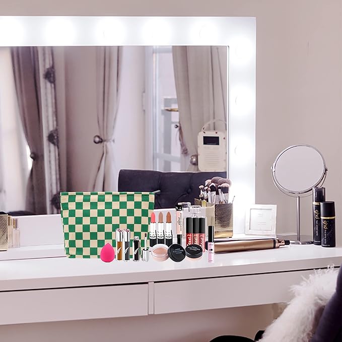 PAZIMIIK Makeup Bag Large Zipper Corduroy Make Up Pouch for Purse Travel Canvas Cosmetic Organizer for Women Brush Storage,Checkered Green