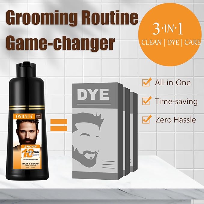 Men's Beard & Hair Dye Shampoo - Dark Brown | 10-Minute Instant Color for Beard, Mustache & Hair | Long-Lasting Gray Hair Coverage | 3-in-1 Dye, Shampoo & Conditioner | Gentle Formula | 6.8 Fl Oz