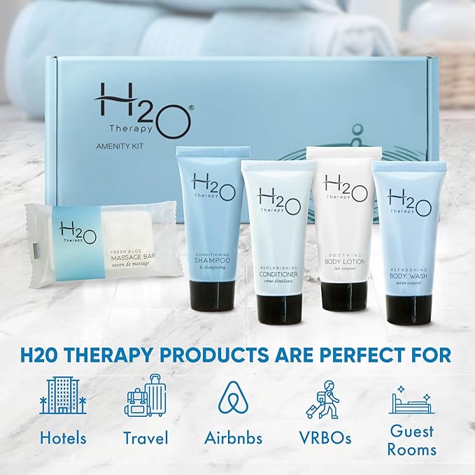 H2O Therapy Amenity Kit | Boxed Hotel Toiletries | Bulk Set 0.85 oz Travel Size Shampoo, Conditioner, Lotion, Body Wash & Body Bar Soap for Guest Hospitality AirBnB/Vacation Rentals | 1 set per case