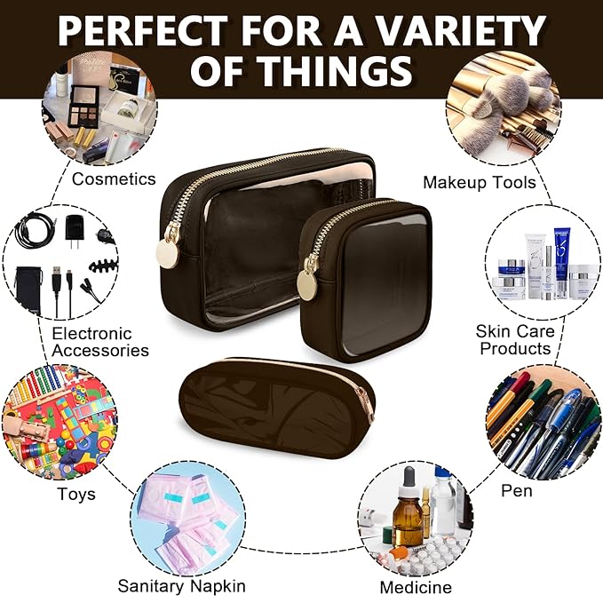 Clear Mini Makeup Bag for Purse, Small Nylon&PVC Cosmetic Travel Bag TSA Approved Toiletry Bag with Zipper, Preppy Transparent Makeup Travel Bag Coin Purse for Women Men Girls(Mini-Chocolate)
