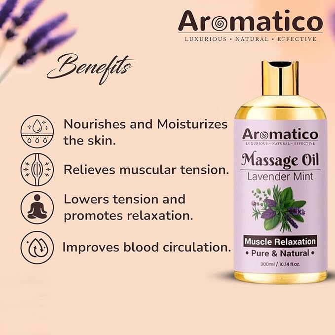 Lavender Mint Massage Oil with Sesame, Almond & Jojoba Oils. Non-Sticky, Safe & Natural Ingredients – 10 Fl Oz
