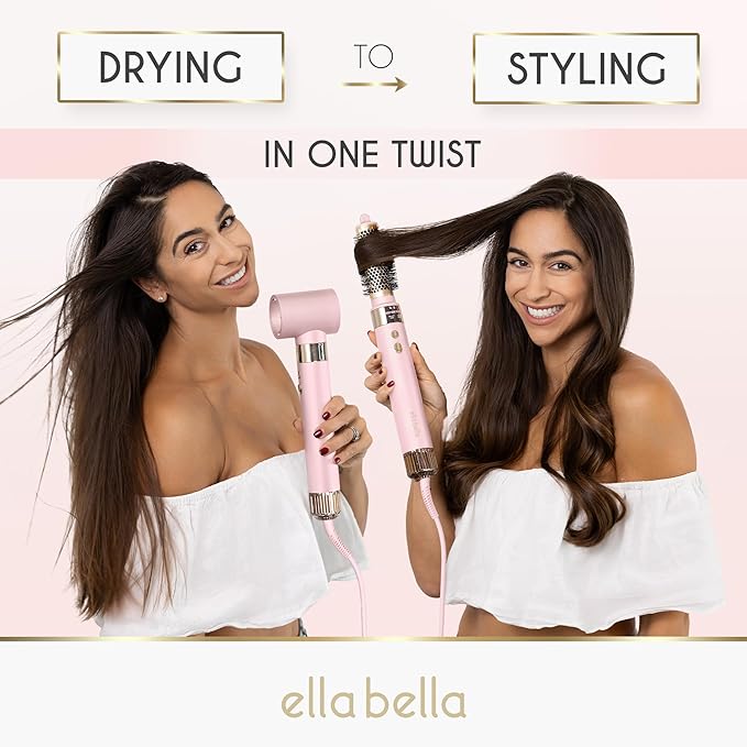 ELLA BELLA® 6 in 1 Professional Hot Air Styler • Powerful Hair Dryer & Straightener Set • Styling Without Heat Damage • Fast Drying Curling Volumizing Straightening • Protective Travel Case (Pink)