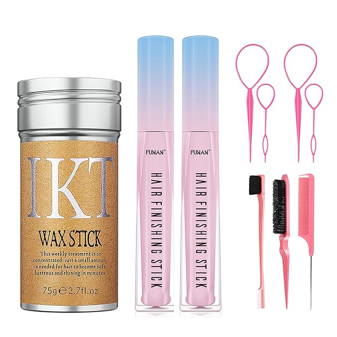 Hair Wax Stick Set for Flyaways, Slick Back Hair Finishing Tool Kit - Edge Brush Rat Tail Comb Set, Topsy Tail Tool - 10 Pcs