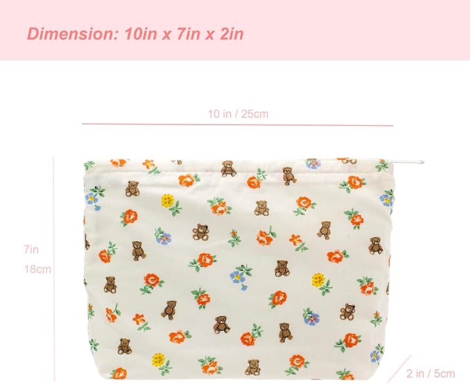 PAZIMIIK Floral Makeup Bag Large Cotton Zipper Pouch for Purse Travel Canvas Make Up Organizer for Women Cosmetic,Flower Bear White