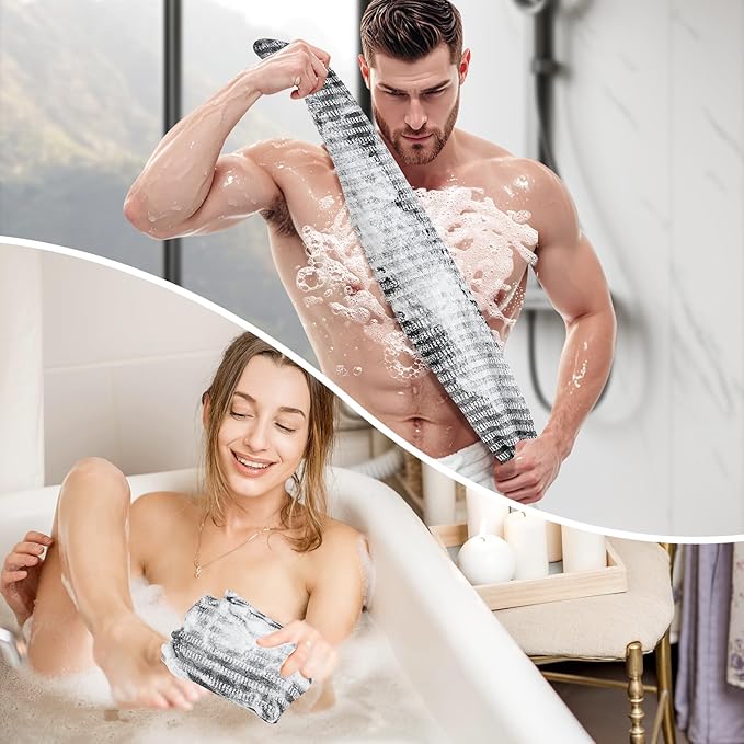 Exfoliating Washcloth Shower Towel - 2 Pack Back and Body Scrubbers for Smooth Skin | Quick-Drying, Durable, and Gentle for Sensitive Skin (Black+Gray)