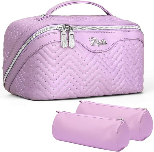 Travel Makeup Bags Cosmetic Organizer Bag: Quilted Make up Bag Set of 3 - PU Leather Toiletry Bags for Women - Portable Makeup Organizer with Compartments & Handle & Divider (14-Purple)