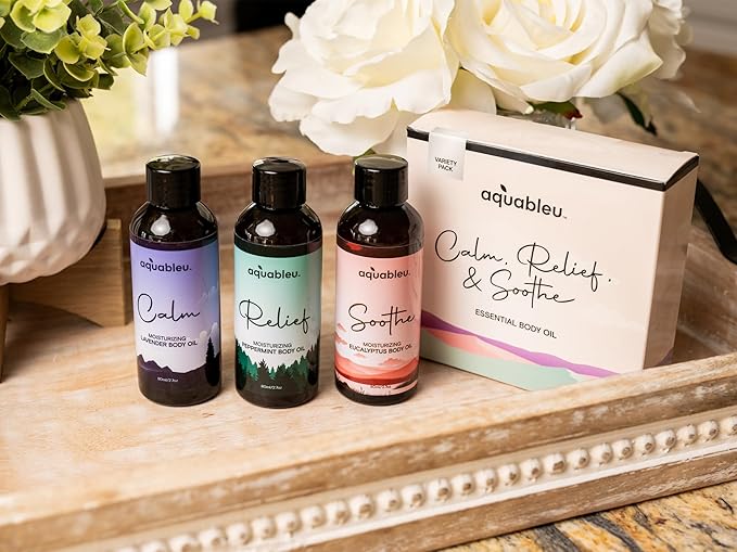 Essential Massage Oil Gift Set - Serenity Trio Sooth, Calm, Relief Includes Lavender, Peppermint & Eucalyptus Massage Oil Blends 80 ML in Beautiful Packaging - Great Gift for Women