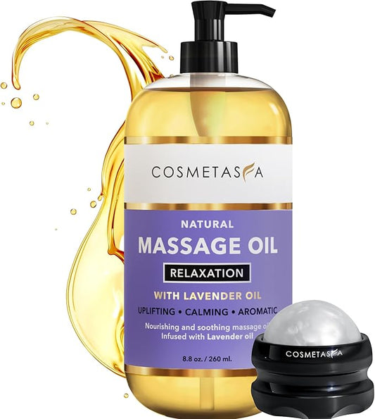 Cosmetasa Lavender Massage Oil for Massage Therapy with Roller - All Natural, Cruelty-Free & Spa Quality Skin Therapy Oil & Soothing Care - Lavender, Geranium & Grapeseed Oil (8.8 oz)