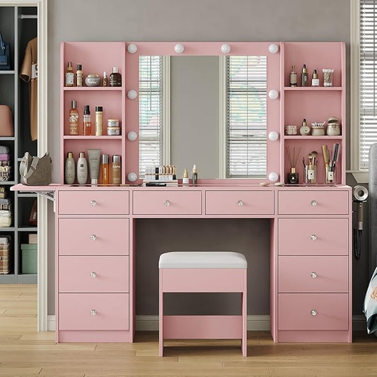 Vanity with Mirror and LED Lights,Vanity Desk with Power Outlet, Makeup Vanity with Drawers and 2 Cabinets, Fold-up Panel, Glass Top Vanity Table with Chair for Bedroom (10 Drawers, Pink)