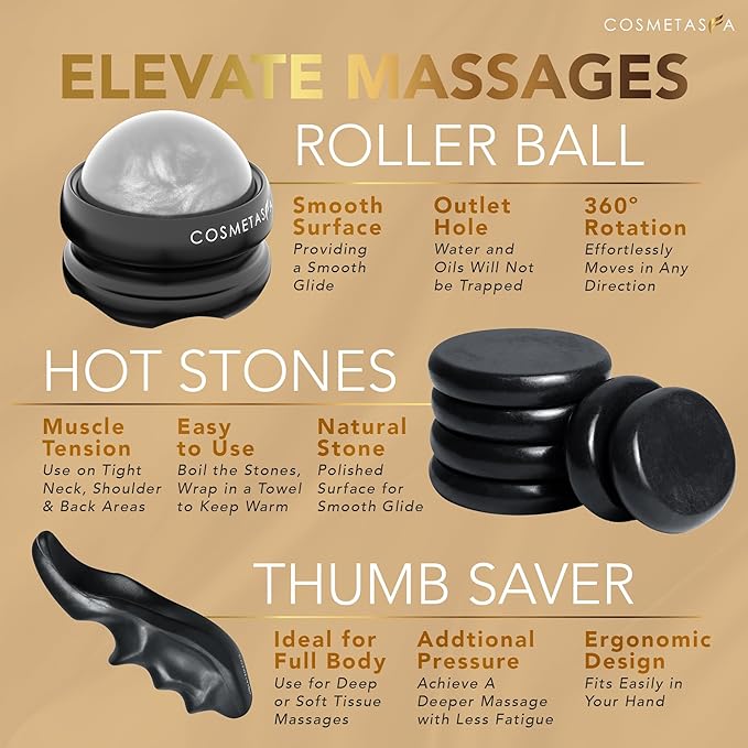 Cosmetasa Spa Gift Set for Women & Men - Relaxation Lavender Massage Oil, Citrus Coconut Oil, Arnica Sore Muscle Massage Oil with Hot Stones, Roller Ball and Thumb Saver Massage Tools