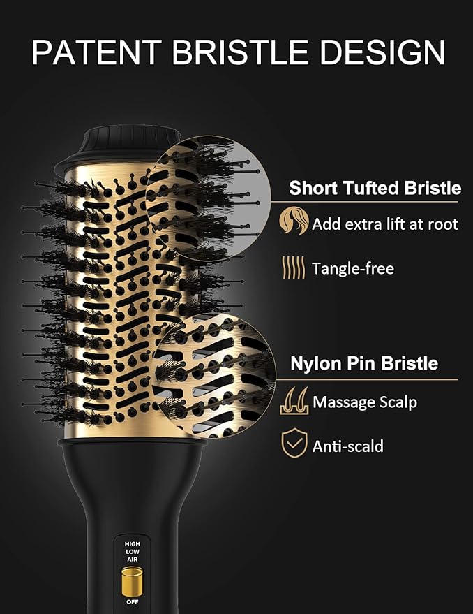 Hot Air Hair Blow Dryer Brush - 3 in 1 Negative Ionic Hairdryer Blowout Brush for Drying Straightening Volumizing - 60mm Oval Barrel fit All Hair Types - Salon Style, Smooth, Frizz-Free Results
