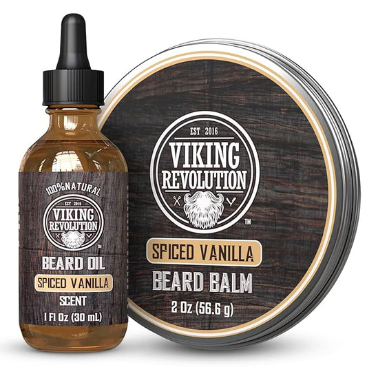 Viking Revolution Spiced Vanilla Beard Balm for Men (2oz) and Beard Oil (1 fl oz) Kit - With Argan and Jojoba Oils - Soften and Moisturize - Stocking Stuffers for Men